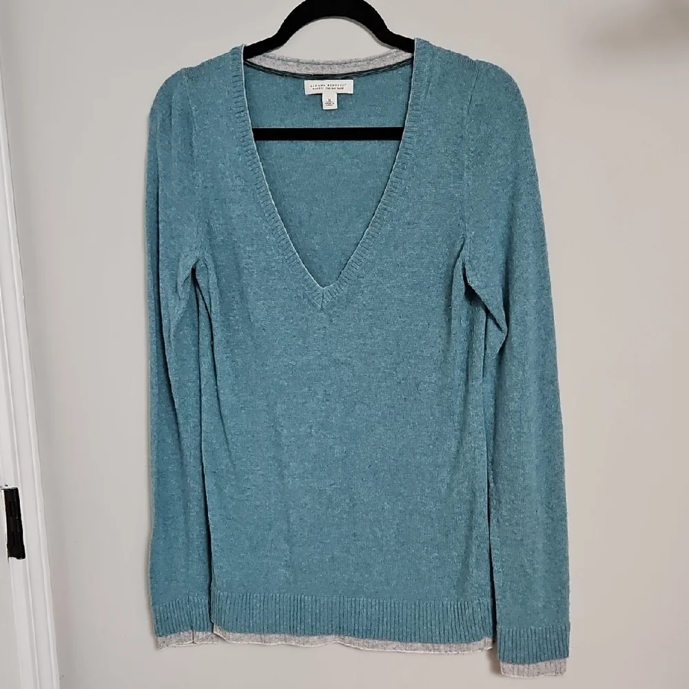 Banana Republic Women's Teal Double Trim V-Neck Italian Yarn Y2K Sweater
